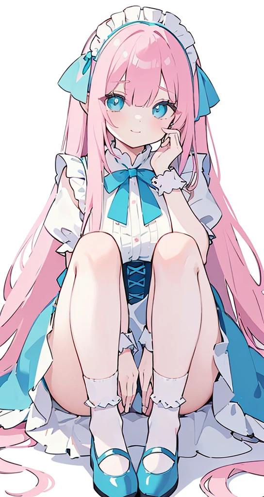 (long beautiful pinky hair) cyan eyes, (Eyes behind long bangs) big breasts, Sitting pose using accessories (using socks) perfect shiny beautiful cyan shoes (Wearing luxurious palace maid clothes Perfect perfect noble)  Pose facing sideways (Girl1, straight hair not too long, bangs covering one eye, soft face, gentle smile) long pink hair, beautiful cyan eyes (Sitting pose, right hand down, left hand down, leaning pose,  smile kawai, (blank white background) Wearing a blue corset, (Using a beautiful bright blue ribbon) Kawai shy cute eyes (cyan colored shoes must be shiny, Must wear short white socks) Short custom maid sleeves reaching mid-shoulder 