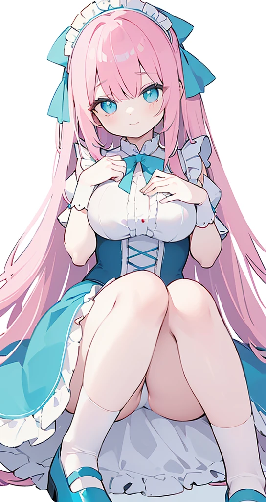 (long beautiful pinky hair) cyan eyes, (Eyes behind long bangs) big breasts, Sitting pose using accessories (using socks) perfect shiny beautiful cyan shoes (Wearing luxurious palace maid clothes Perfect perfect noble) Pose facing sideways (Girl1, straight hair not too long, bangs covering one eye, soft face, gentle smile) long pink hair, beautiful cyan eyes (Sitting pose, right hand down, left hand down, leaning pose, smile kawai, (blank white background) Wearing a blue corset, (Using a beautiful bright blue ribbon) Kawai shy cute eyes (cyan colored shoes must be shiny, Must wear short white socks) Short custom maid sleeves reaching mid-shoulder