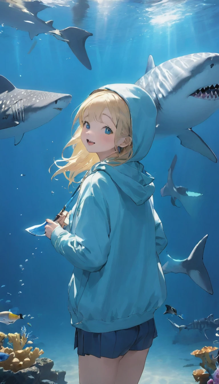 Highest quality、masterpiece:1.3、Perfect Anatomy、One Girl、Shark-chan、かわいいShark-chan、Shark-themed hoodie、Shark teeth on the hood、Wearing a hood、Light Blue Hoodie、Girl with open mouth、Sharp teeth、Shark themed hoodie、Light blue culottes、Random pose、break、aquarium、Large aquarium、美ら海aquarium、Highly detailed whale shark、A whale shark swimming gracefully in the tank、暗いaquarium、Low light、