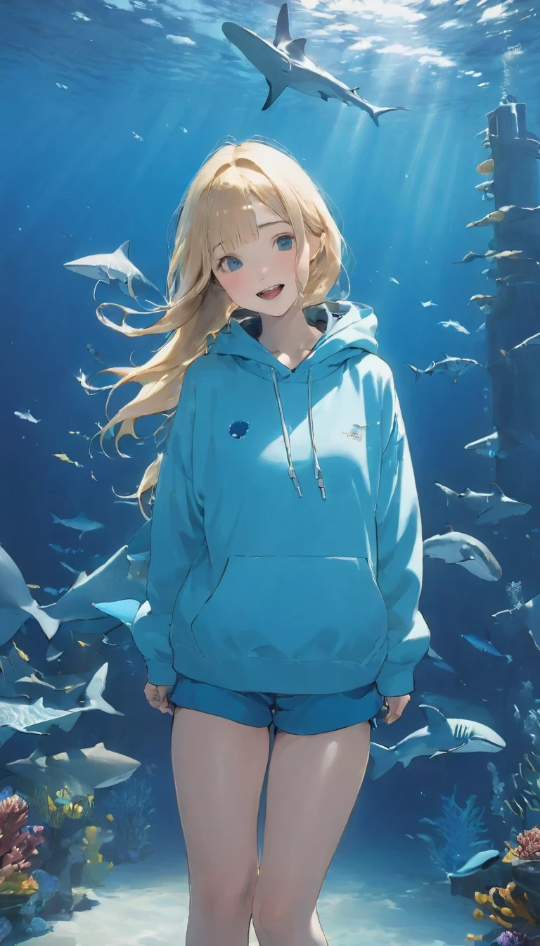Highest quality、masterpiece:1.3、Perfect Anatomy、One Girl、Shark-chan、かわいいShark-chan、Shark-themed hoodie、Shark teeth on the hood、Wearing a hood、Light Blue Hoodie、Girl with open mouth、Sharp teeth、Shark themed hoodie、Light blue culottes、Random pose、break、aquarium、Large aquarium、美ら海aquarium、Highly detailed whale shark、A whale shark swimming gracefully in the tank、暗いaquarium、Low light、
