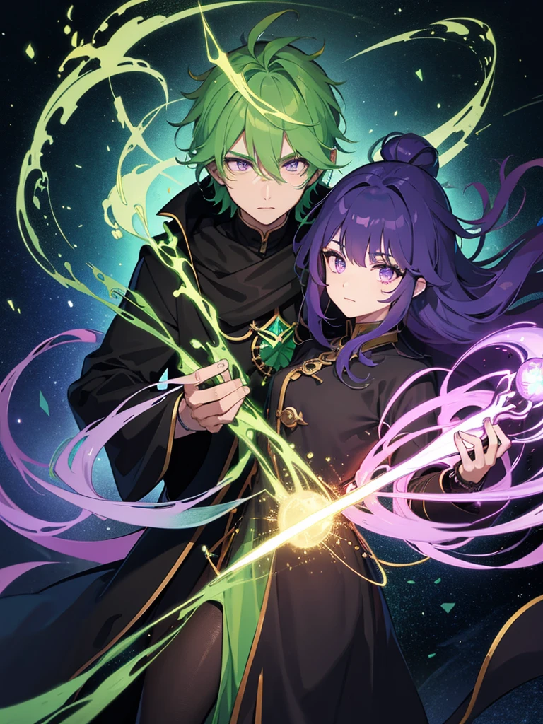 Man, mage, green hair, dark fantasy, detailed green and black cosmic robe, cosmic staff, pet dragon, purple eyes
