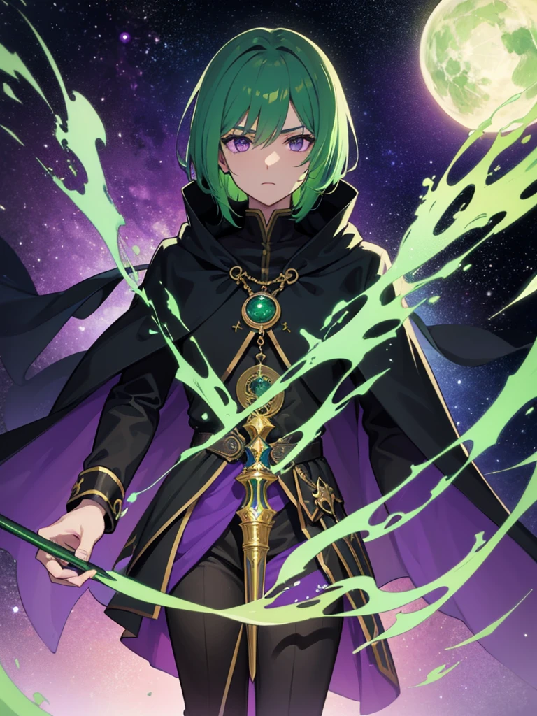 Man, mage, green hair, dark fantasy, detailed green and black cosmic robe, cosmic staff, pet dragon, purple eyes