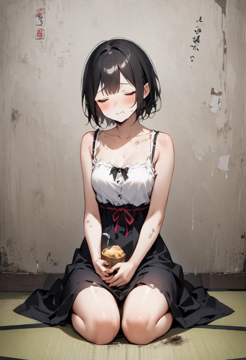 No dialogue、Sad、Small room、Dirty、dirty、extreme poverty life、Boro family、、6age、tatami、Sunken cheeks、poor、No money、Girl、Girl、Tattered clothes、Sit down and eat、seiza、No money、Are thin、clavicle、I'm not feeling well、Expressionless、Small and dirty room、The clothes are also dirty、The face is also dirty、Eating rice、Looks lonely、Tattered room、Twilight、Dirty table、Small room、Dirty property、rent51,000 yen、Dirty、ceiling is low、wooden building、Tenement、modern、Dark atmosphere、Dynamic Angle、masterpiece、best quality、ultra-detail、Both eyes open