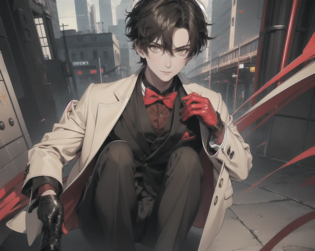 (masterpiece)​, (best quality), (expressive eyes)​, (perfect face)​, (Man)​, (brown hair)​, ((slightly messy hair)), (((short hair)))​, (yellow eyes)​, sly smile, ((red tuxedo))​, (Black long-legged suit)​, (black gloves)​, (dark brown leather shoes)​, (((handsome guy))​)​, ((sly look confident)​)​, outdoors city,​ (super highly detailed)​