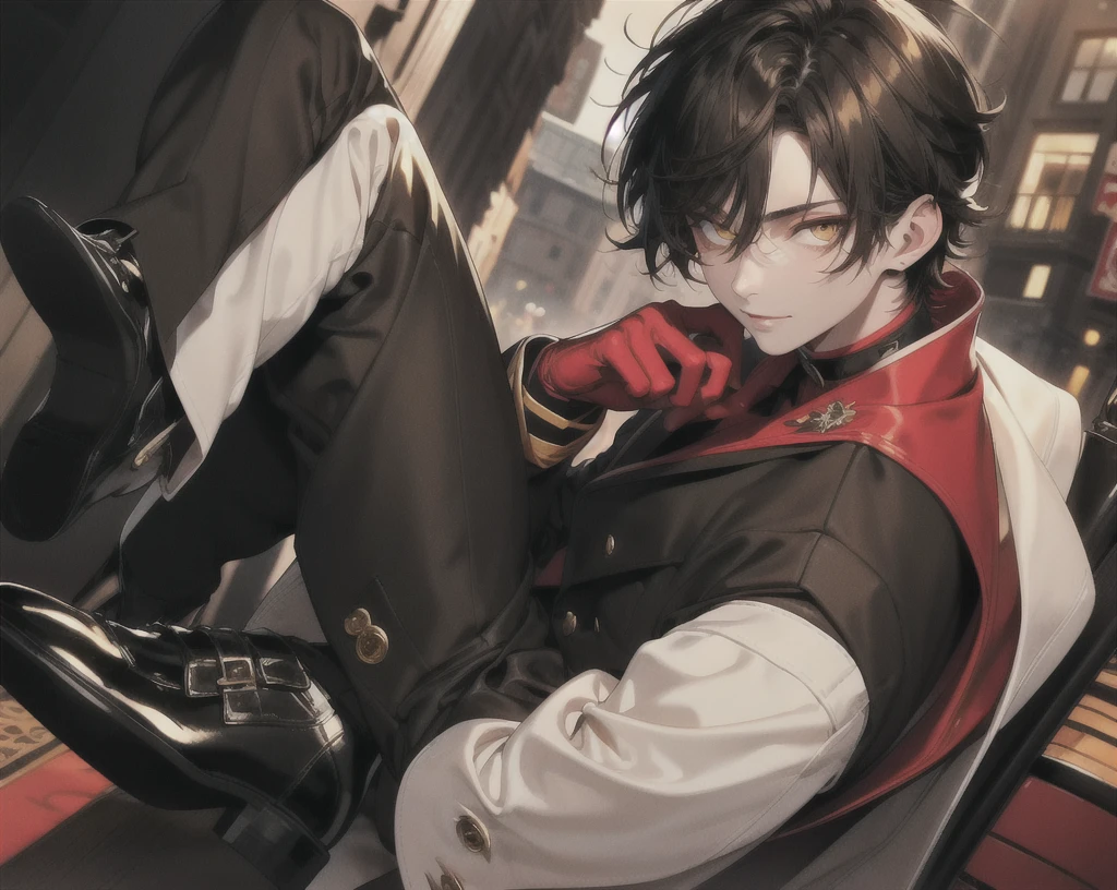 (masterpiece), (best quality), (expressive eyes), (perfect face), (Man), (brown hair), ((slightly messy hair)), (((short hair))), (yellow eyes), sly smile, ((red tuxedo)), (Black long-legged suit), (black gloves), (dark brown leather shoes), (((handsome guy))), ((sly look confident)), outdoors city, (super highly detailed)