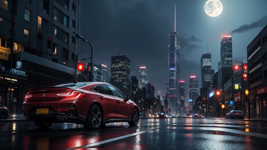 photorealistic detailed cityscape, unmanned crossroads, ((no car:1.5, no peaple:1.5)), urban landscape, tall skyscrapers, neon lights, rainy weather, wet streets,, night sky, full moon, one bright star, cinematic composition, dramatic lighting, highly realistic, 4k, best quality, masterpiece