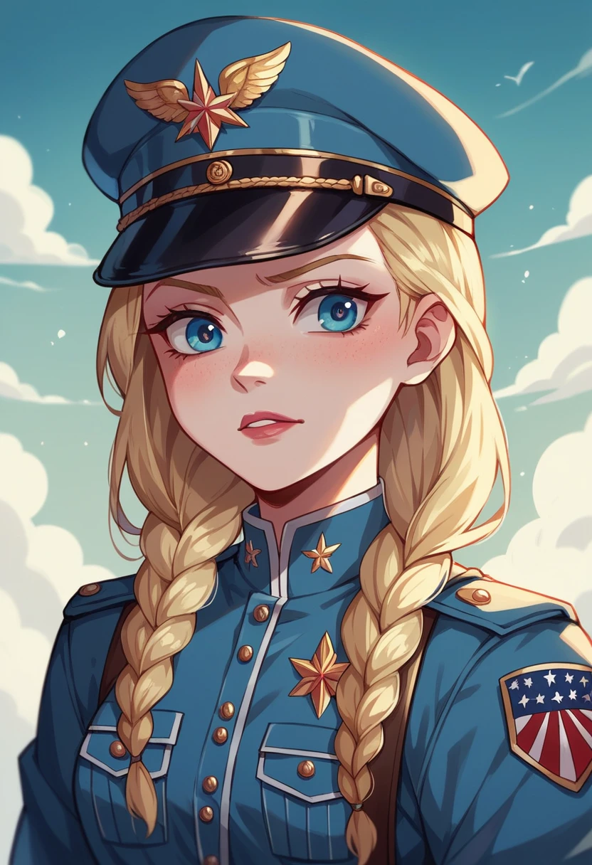 American white girl, blonde hair, blue eyes, she's very fit, she's a soldier wearing a modern military navy uniform, she's standing guard outside a military encampment in a frozen tundra, mostrando su gran culo