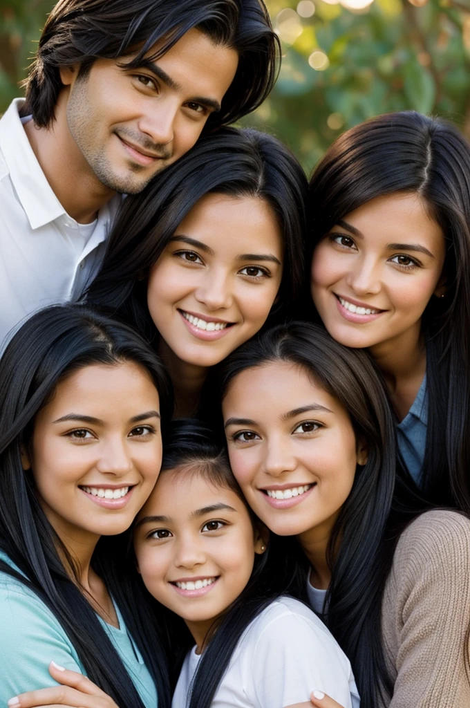 Family of 4 the wife with long black hair, the dad with short brown hair, with his 2 daughters. One with long ear hair and one with short brown hair.