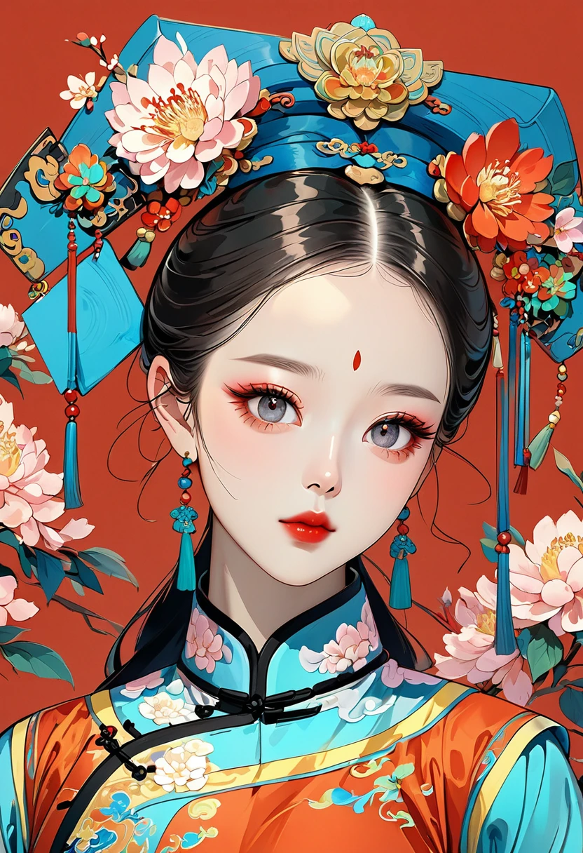 Thick coating of the board,Colored pencils,Procreate board drawing beautiful digital art,Clean lines,Beautiful Chinese Qing Dynasty Princess,Bright Eyes,Exquisite facial features,(((Qing Dynasty Gaoqitou,Gorgeous headdress,Flowers))),Qing Dynasty Clothing,Bright colors,High Saturation,Solid red background