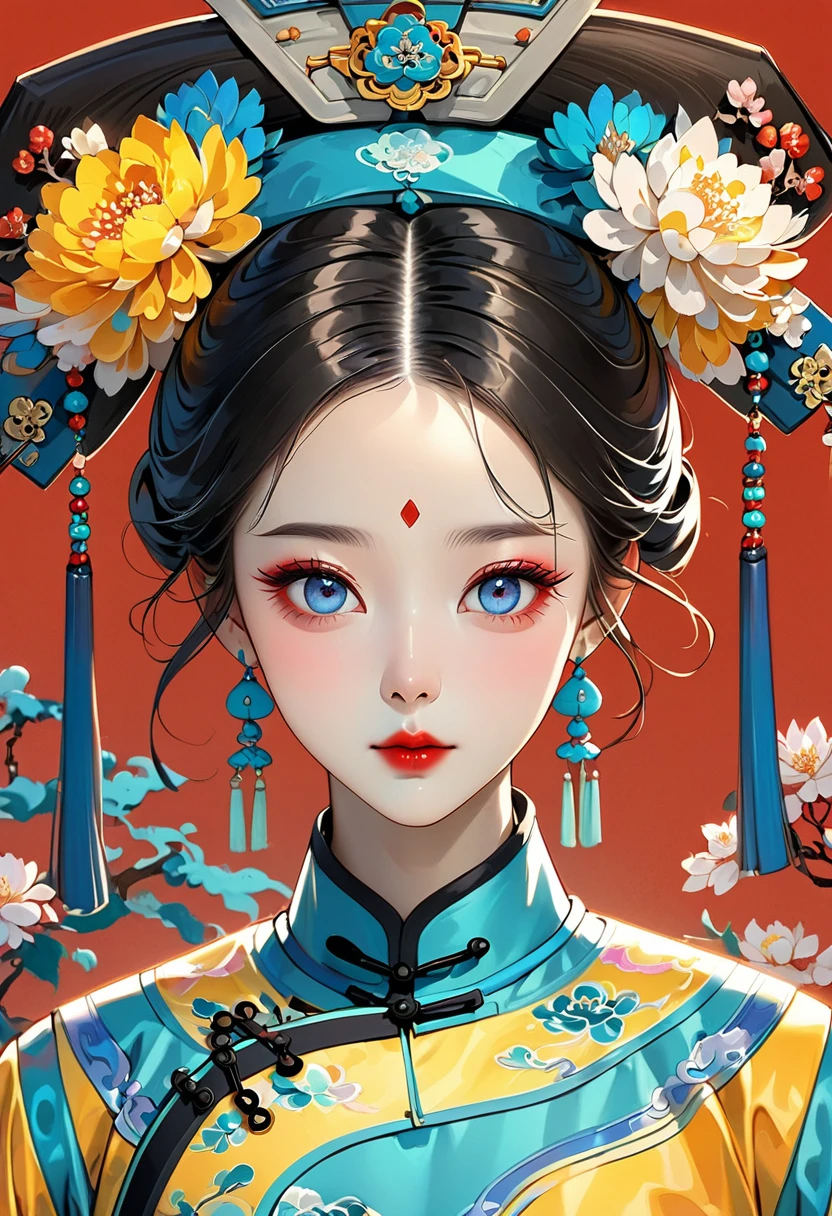 Thick coating of the board,Colored pencils,Procreate board drawing beautiful digital art,Clean lines,Beautiful Chinese Qing Dynasty Princess,Bright Eyes,Exquisite facial features,(((Qing Dynasty Gaoqitou,Gorgeous headdress,Flowers))),Qing Dynasty Clothing,Bright colors,High Saturation,Solid red background