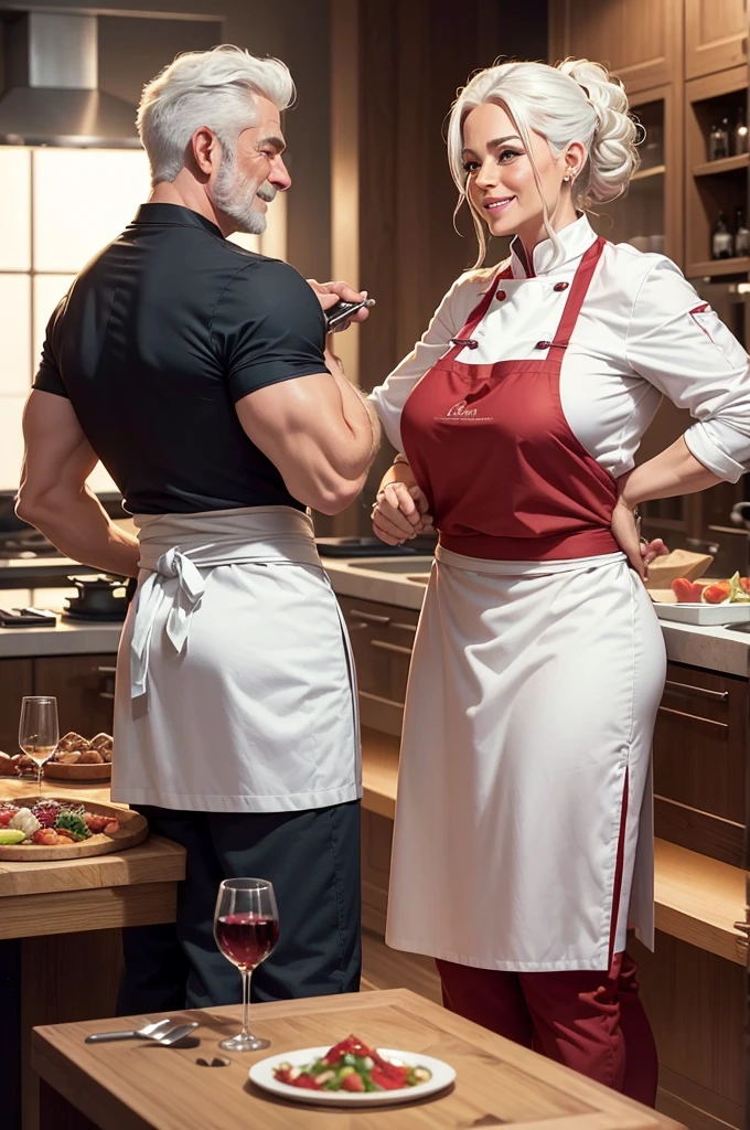 A wide high definition scene in a kitchen of a large restaurant with a beautiful chef and restaurant owner and famous sommelier happy preparing her special dishes with wonderful red wines, wearing his chef uniform on his perfect body in his 50s and white hair in a beautiful smile while working intensely alongside a young muscular and handsome Brazilian assistant chef
