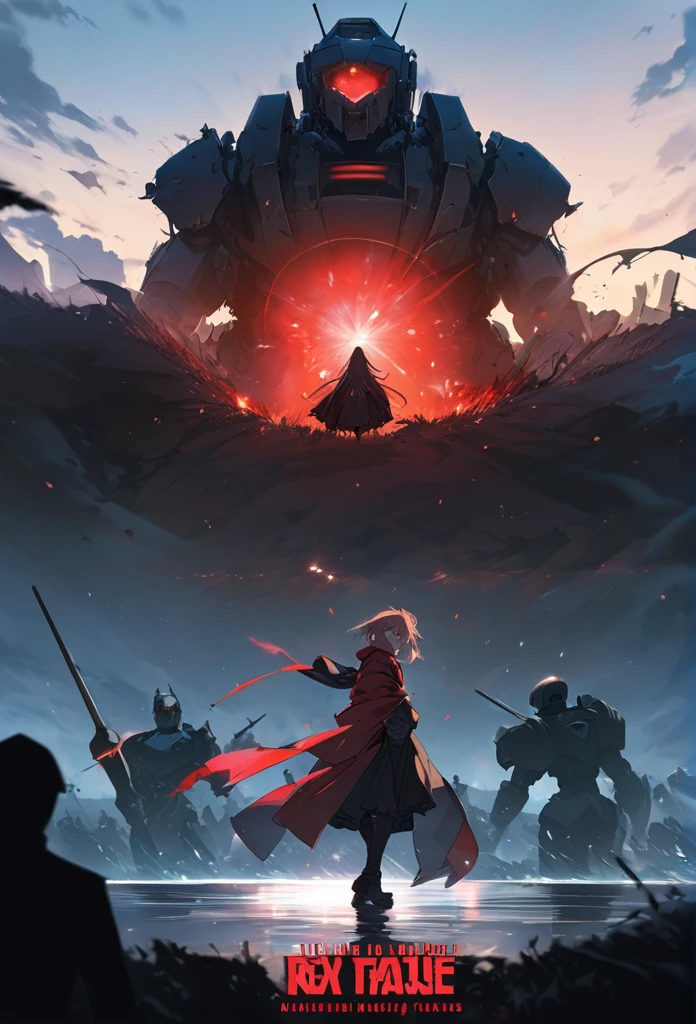 ((highest quality)), ((masterpiece)), ((detailed)), A manga anime cover with high quality. Scene featuring a giant rusty robot leaning to the side, emitting a red glow and making a threatening gesture. Black silhouettes of characters fleeing and confronting the robot. Fallen lampposts leading towards a lake on the side of the cover, with a catastrophic backdrop. Title: "Tolerância Zero: A Saga do Multiverso - Volume Um". Include a barcode.
