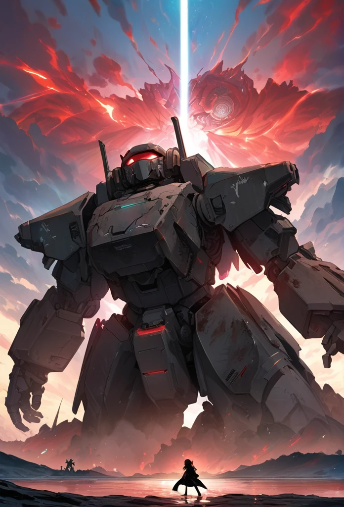 ((highest quality)), ((masterpiece)), ((detailed)), A manga anime cover with high quality. Scene featuring a giant rusty robot leaning to the side, emitting a red glow and making a threatening gesture. Black silhouettes of characters fleeing and confronting the robot. Fallen lampposts leading towards a lake on the side of the cover, with a catastrophic backdrop. Title: "Tolerância Zero: A Saga do Multiverso - Volume Um". Include a barcode.