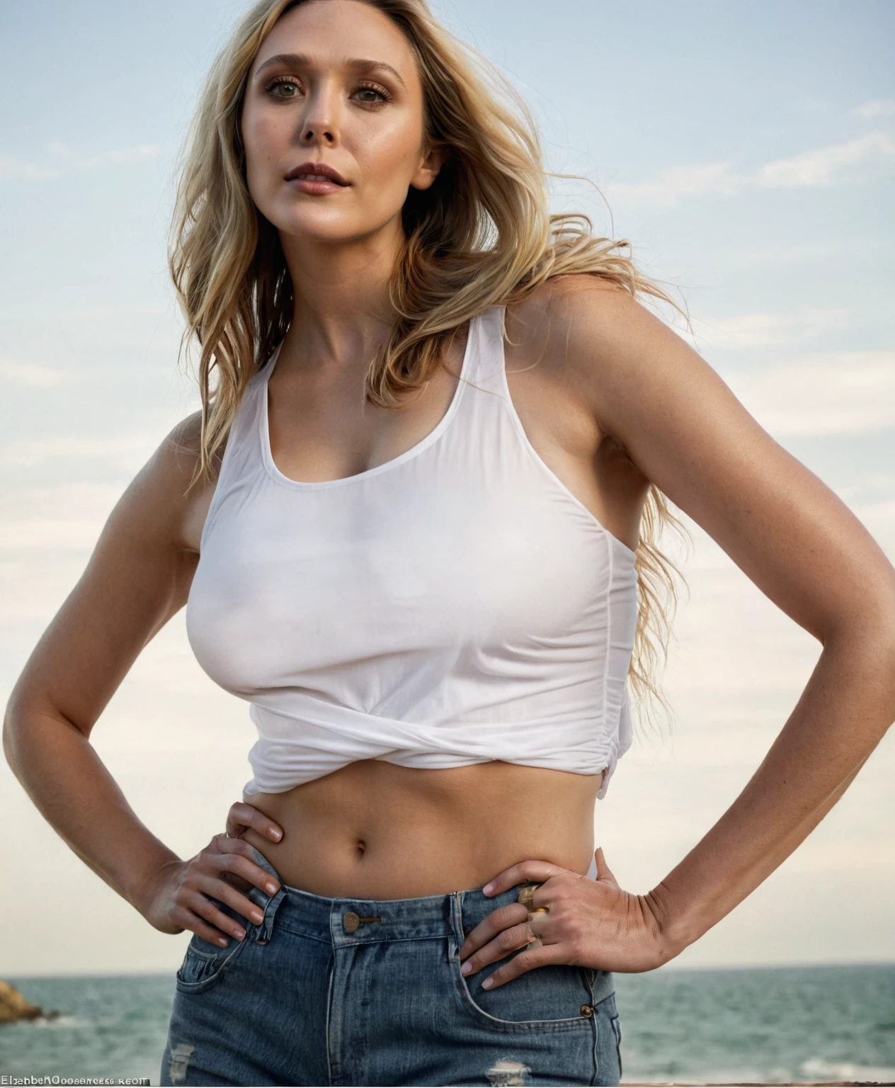 ultra realistic photograph of ( Elizabeth Olsen , sexy woman, 40yo woman, huge sagging breast ), ( blonde hair,busty woman, lora,transparent bikini ,hollywood actress , female , woman, realistic babe, celebrity ), outdoor beach, ( insanely detailed skin texture , depth of field, detailed eyes, photorealistic )