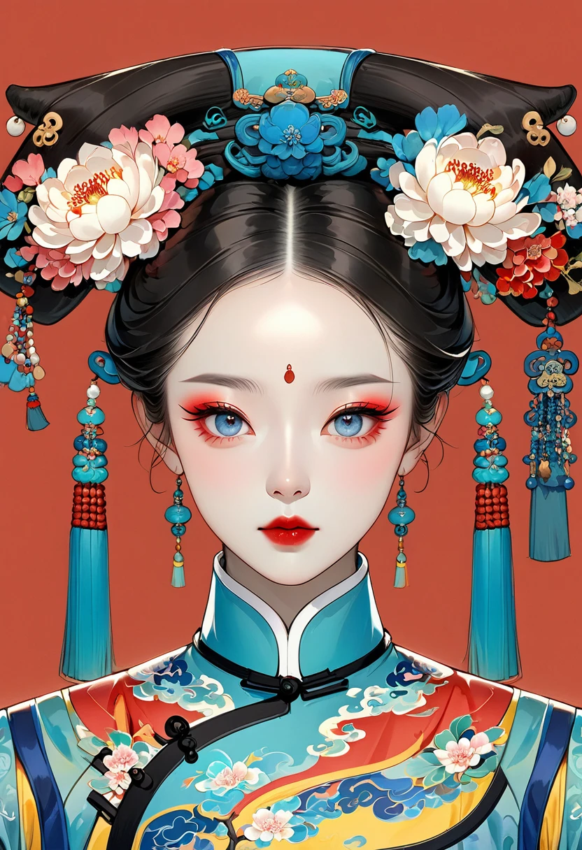 Makeup for Qing Dynasty Palace Drama,Thick coating of the board,Colored pencils,Procreate board drawing beautiful digital art,Clean lines,Beautiful Imperial Concubine of the Qing Dynasty,Bright Eyes,Exquisite facial features,(((Qing Dynasty Gaoqitou,Flowers))),symmetry,Qing Dynasty Clothing,Bright colors,High Saturation,Solid red background