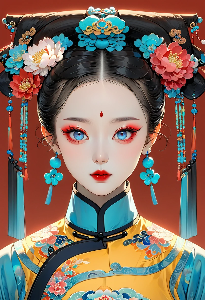 Makeup for Qing Dynasty Palace Drama，Thick coating of the board，Colored pencils，Procreate board drawing beautiful digital art，Clean lines，Beautiful Imperial Concubine of the Qing Dynasty，Bright Eyes，Exquisite facial features，(((Qing Dynasty Gaoqitou，Flowers)))，symmetry，Qing Dynasty Clothing，Bright colors，High Saturation，Solid red background