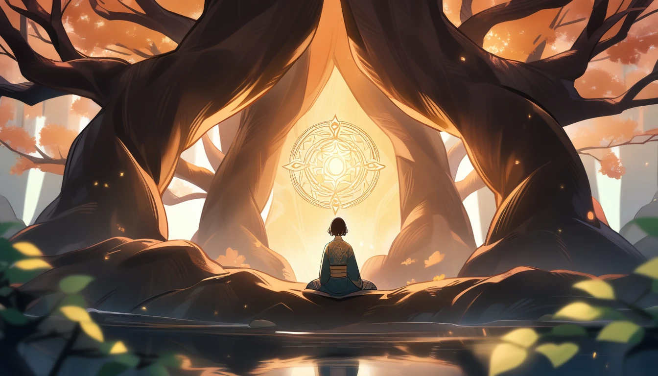 Illustrate a character in a moment of quiet reflection, sitting under a large, ancient tree with roots and branches forming intricate, protective patterns around them. The character's expression is calm but determined, with a soft glow around their heart, symbolizing inner strength and divine belief. The scene is peaceful, with warm, gentle light filtering through the leaves..Anime Style