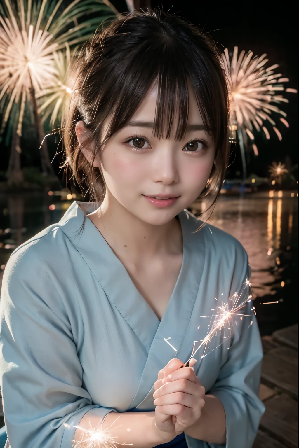 Perfectly Anatomically Correct:1.2, 5 Beautiful finger:1.6, 
1 Japanese Girl, Very Short Hair Bun:1.2, Wide-Set Eyes, Very White Skinned, Blush, Bashfully, 18-Year-Old, Open Mouse Slightly, 
Cute Eyes, Brown Hair, Light Smiling, Cheerful, 
(Turning Japanese Sparklers Below Within Reached Arm:1.6), 
Squatting, ((Pale-Blue Japanese Clothes, Yukata, Kimono)), 
Non-Nipple:1.2, 
Looking Up Viewer:1.2, 
in Riverside Park, 
 BREAK 
8K, RAW Photo, Best Quality, Masterpiece, Realistic, PhotoRealistic, Extremely Detailed 8K Wallpaper, Beautifully Detailed Eyes, Finely Detailed Face, POV Shot, 
 BREAK 
High-Key Lighting, Professional Lighting, Bokeh:1.4