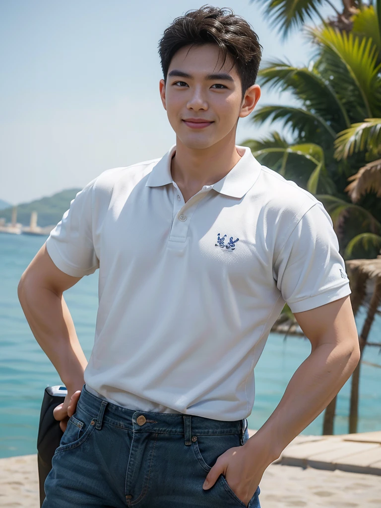 (Masterpiece: 1.2),(CGI art:1.3),(realistic:1.5),(post processing:1.3), (sharp focus:1.3), 1 person, smile, (White Polo Shirt), (jeans), Korean guy , korean men, (High gloss details), chest muscles, Big arm muscles, blood vessel, big muscles, shoulder, looking at the audience, Balancing the eyes, By the sea, beach, sunlight, Run towards the camera....