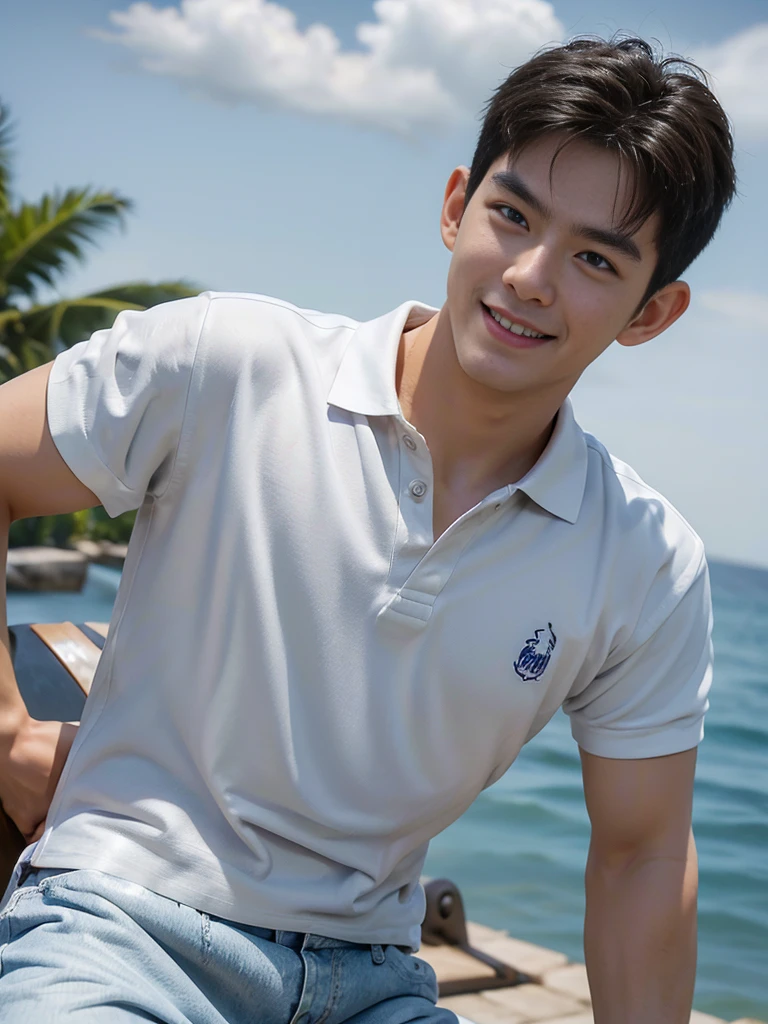 ((realistic daylight)) , Young Korean man in black sports shirt only, no pattern, denim shirt, jeans., A handsome, muscular young Asian man looks at the camera.  , in the restaurant ,turn sideways((realistic daylight)) , Young Korean man in black sports shirt only, no pattern, denim shirt, jeans., A handsome, muscular young Asian man looks at the camera.  , in the restaurant ,turn sideways, smile