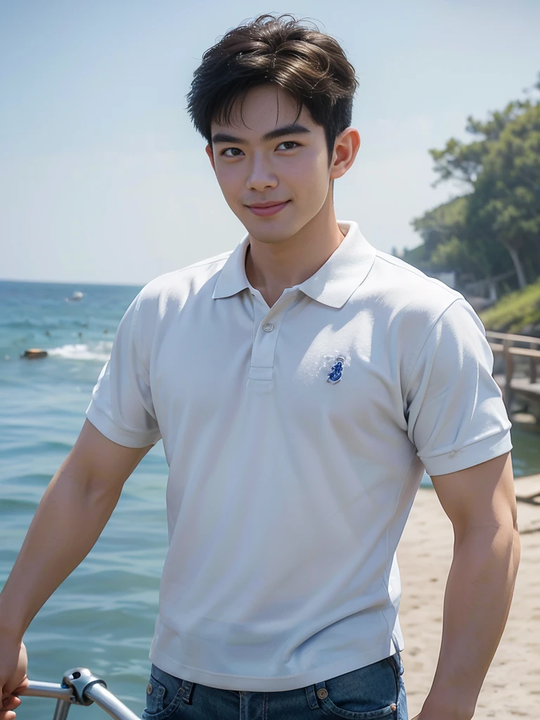 (Masterpiece: 1.2),(CGI art:1.3),(realistic:1.5),(post processing:1.3), (sharp focus:1.3), 1 person, smile, (White Polo Shirt), (jeans), Korean guy , korean men, (High gloss details), chest muscles, Big arm muscles, blood vessel, big muscles, shoulder, looking at the audience, Balancing the eyes, By the sea, beach, sunlight, Run towards the camera....