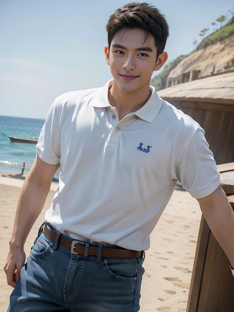 (Masterpiece: 1.2),(CGI art:1.3),(realistic:1.5),(post processing:1.3), (sharp focus:1.3), 1 person, smile, (White Polo Shirt), (jeans), Korean guy , korean men, (High gloss details), chest muscles, Big arm muscles, blood vessel, big muscles, shoulder, looking at the audience, Balancing the eyes, By the sea, beach, sunlight, Run towards the camera....