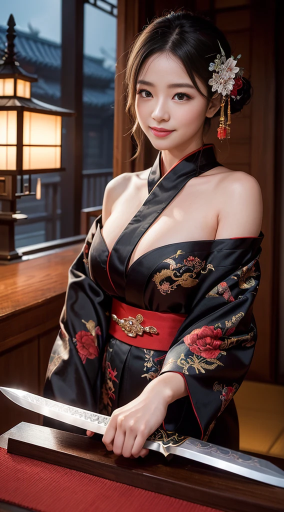 8K Ultra HD, Digital SLR,Film Grain, Fujifilm XT3,(Highest quality:1.3), (masterpiece:1.1), High resolution, Cinematic Light, Intricate details, (Realistic) (Night view) Realistic backlight、Dramatic reddish light、Beautiful Japanese Geisha full body photo, ((Facial texture Pore details)), Grin、Devilish smile, Simple messy hairstyle, She wears a black satin kimono decorated with traditional dragon motifs.., Open shoulders, Colorful dragon tattoos all over the body, Has a long blade, Long-bladed Japan sword in hand,Inside a traditional villa, 8K, Front blur