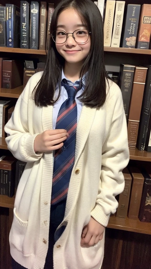 、cardigan、、White shirt、tie、The dark library、Surrounded by bookshelves、Library Committee Member、Glasseiddle school students、Big Breasts、Natural smile、Feeling embarrassed、Deep valley、Plain girl、13 years oldarrassed、Embarrassed、、Attractive breasts、delicate、Slender、Short height、sexy、Plain face、Glassesの13 years old、Outstandingボディーラインを強調している、Sober atmosphere、Erotic、13 years old