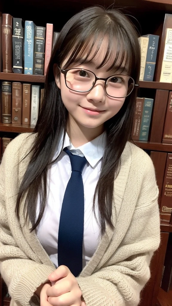 、cardigan、、White shirt、tie、The dark library、Surrounded by bookshelves、Library Committee Member、Glasseiddle school students、Big Breasts、Natural smile、Feeling embarrassed、Deep valley、Plain girl、13 years oldarrassed、Embarrassed、、Attractive breasts、delicate、Slender、Short height、sexy、Plain face、Glassesの13 years old、Outstandingボディーラインを強調している、Sober atmosphere、Erotic、13 years old