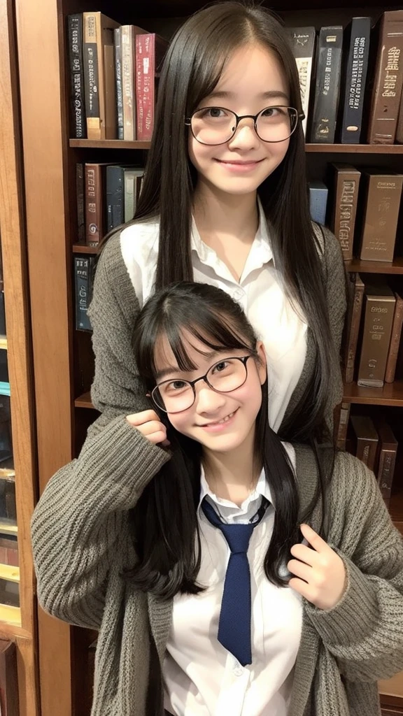 、cardigan、、White shirt、tie、The dark library、Surrounded by bookshelves、Library Committee Member、Glasseiddle school students、Big Breasts、Natural smile、Feeling embarrassed、Deep valley、Plain girl、13 years oldarrassed、Embarrassed、、Attractive breasts、delicate、Slender、Short height、sexy、Plain face、Glassesの13 years old、Outstandingボディーラインを強調している、Sober atmosphere、Erotic、13 years old