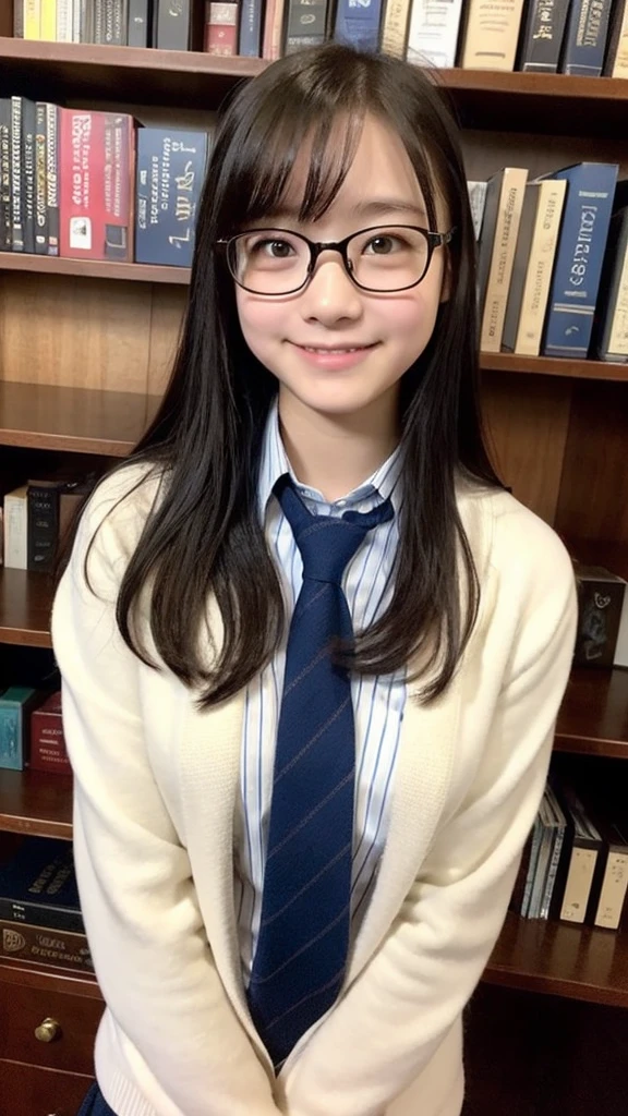 、cardigan、、White shirt、tie、The dark library、Surrounded by bookshelves、Library Committee Member、Glasseiddle school students、Big Breasts、Natural smile、Feeling embarrassed、Deep valley、Plain girl、13 years oldarrassed、Embarrassed、、Attractive breasts、delicate、Slender、Short height、sexy、Plain face、Glassesの13 years old、Outstandingボディーラインを強調している、Sober atmosphere、Erotic、13 years old