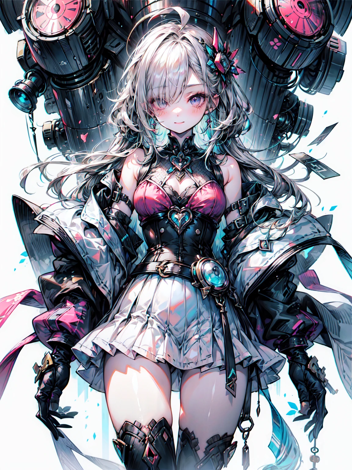 (((masterpiece)))、((Highest quality))、(Super detailed)、(CG illustration)、(Very beautiful girl))、Cinematic Light、((1. Mechanical Girl))、 sf、Apocalypse、Erotic and grotesque、Research Institutes(Beautiful and luxurious:1.2)、(One Girl:1.3)、look forward to,blonde,Corset belt,Blue high waist skirt, Cowboy Shot、Blake、（Dark Elf), (1 Girl), alone, Perfect Face, Get used to it, Ahoge, ((Long Hair:1.2)), (Hair above one eye:1.3), [[Messy Hair]], 輝くblondeの白い髪, Purple eyes, Variegated eyes, Colorful Hair, Shining Eyes, (eyelash, eye shadow, pink eye shadow), bright, smile, Design Art：haruhiko mikimoto, by Kawashi, By Yoshitaka Amano