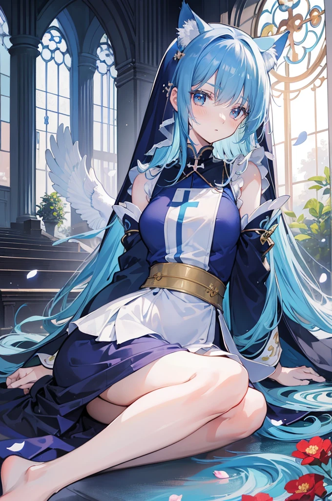 (masterpiece:1.2),Extremely detailed,Practical,expressive eyes,Fair skin,Perfect face shaping,1 Girl,
Japanese cartoons,Gorgeous blue hair, the long flowing blue hair,Floating clothes,Cat ears,Petals fall,beautiful lola,Young Angel,
Place your hands on your waist,sit elegantly on the ground,Cross your legs,Gentle and peaceful background,church,Nun&#39;s Clothes,back view,lie on the water,Large Breasts, H Cup, Good breasts, Place your hands on your waist,beautiful, Gorgeous,Japanese cartoons,girl,Lola,Hina Angel, Blue Hair, Blue Haired,Tent breasts, tent box, tent chest, Floating clothes,Grab your waist, Grab your waist, Hands on Hips , hands on hips,sit, sit on ground, Legs on the ground. 