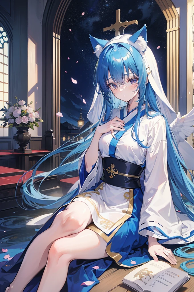 (masterpiece:1.2),Extremely detailed,Practical,expressive eyes,Fair skin,Perfect face shaping,1 Girl,
Japanese cartoons,Gorgeous blue hair, the long flowing blue hair,Floating clothes,Cat ears,Petals fall,beautiful lola,Young Angel,
Place your hands on your waist,sit elegantly on the ground,Cross your legs,Gentle and peaceful background,church,Nun's Clothes,back view,lie on the water,Large Breasts, H Cup, Good breasts, Place your hands on your waist,beautiful, Gorgeous,Japanese cartoons,girl,Lola,Hina Angel, Blue Hair, Blue Haired,Tent breasts, tent box, tent chest, Floating clothes,Grab your waist, Grab your waist, Hands on Hips , hands on hips,sit, sit on ground, Legs on the ground.