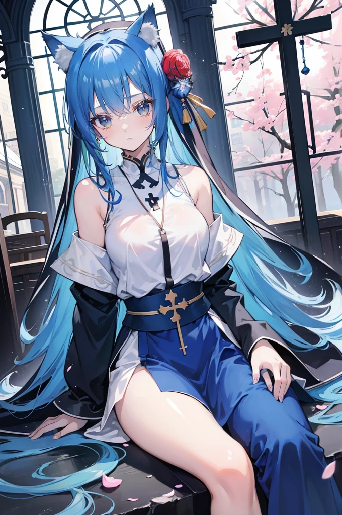 (masterpiece:1.2),Extremely detailed,Practical,expressive eyes,Fair skin,Perfect face shaping,1 Girl,
Japanese cartoons,Gorgeous blue hair, the long flowing blue hair,Floating clothes,Cat ears,Petals fall,beautiful lola,Young Angel,
Place your hands on your waist,sit elegantly on the ground,Cross your legs,Gentle and peaceful background,church,Nun's Clothes,back view,lie on the water,Large Breasts, H Cup, Good breasts, Place your hands on your waist,beautiful, Gorgeous,Japanese cartoons,girl,Lola,Hina Angel, Blue Hair, Blue Haired,Tent breasts, tent box, tent chest, Floating clothes,Grab your waist, Grab your waist, Hands on Hips , hands on hips,sit, sit on ground, Legs on the ground.