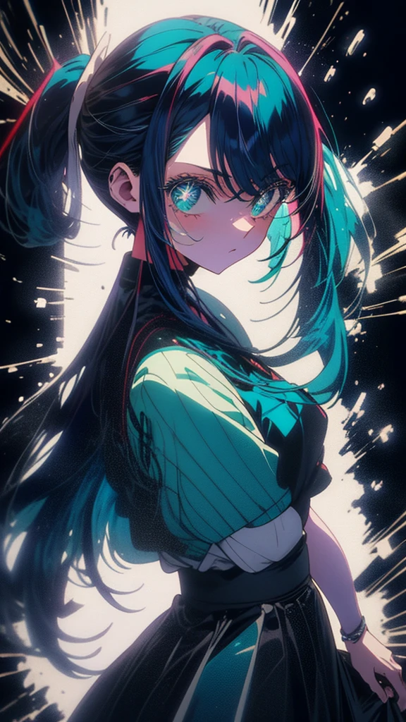 Blue-haired side ponytail,Design clothing,Seven-doppelganger shot,Anime style 4K,Anime girl with teal hair,High quality anime art style,Standing painting,Splash ink background,Blue Themes。