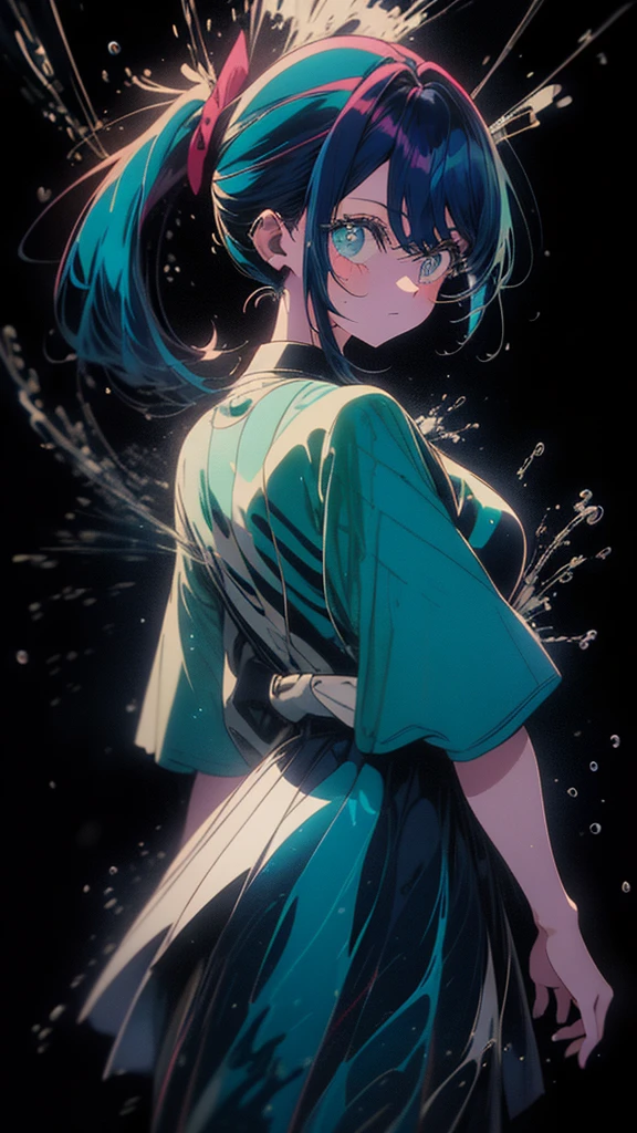 Blue-haired side ponytail,Design clothing,Seven-doppelganger shot,Anime style 4K,Anime girl with teal hair,High quality anime art style,Standing painting,Splash ink background,Blue Themes。