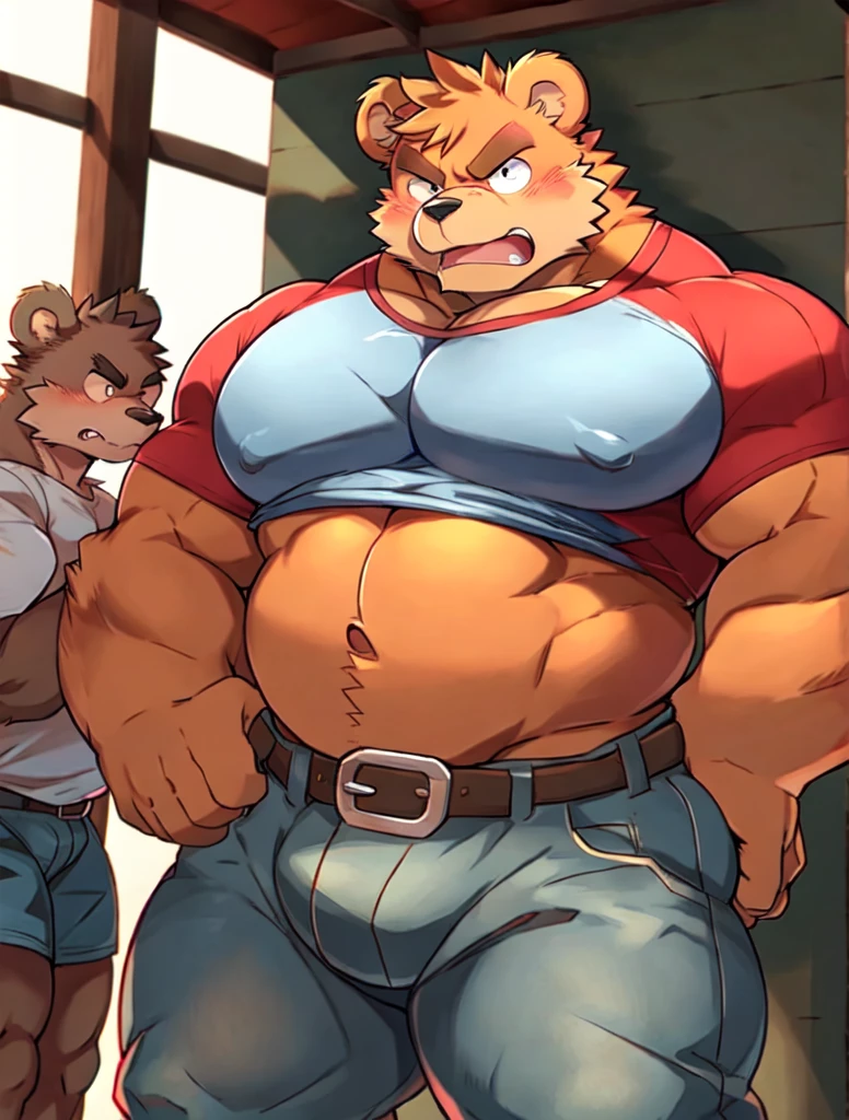Bear, By Arashi Takemoto 1boy, animal ears, arms behind back, bara, belt, blush, breath, denim, Bear boy, Bear ears, furry, furry male, grabbing, groping, interspecies, jeans, large pectorals, male focus, multiple boys, muscular, muscular male, pants, pectorals, taut, upper body, yaoi, belly, obese, angry face