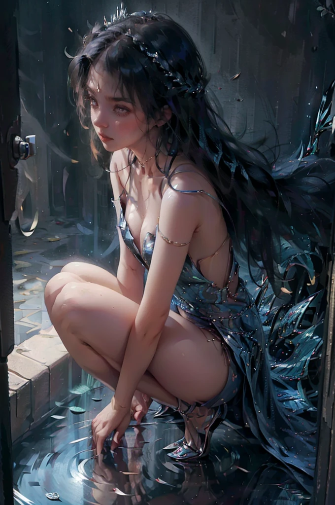 ((aeolian)), 1 girl, ((peeing)), beautiful face, Princess, wearing fully see through blue dress, full body view, very long black hair in a single braid, no underwear, slim body, long legs, shiny skin, fantasy city landscape, posture squatting and legs spread
