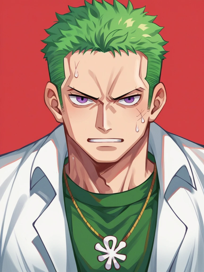 score_9, score_8_up, score_7_up, score_6_up, score_5_up, score_4_up, Roronoa Zoro, r3dgl0w, purple eyes, red background, 1boy, dark, one piece, anime