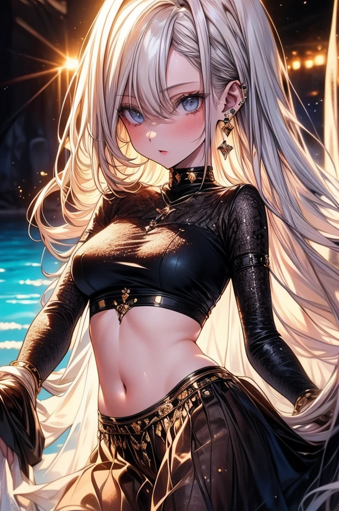 Masterpiece, Best Quality, Cinematic Photos, Digital Artwork Illustrations, Beautiful 22 Year Old Woman, Pale Skin, German, Dark Ginger Hair, medium Breasts, Bright Eyes, (((( ultra-thin see-through fabric)))), crop top, (pool background), (8k, cinematic elements, photorealistic. , sharp focus), complex background, cinematic, rule of thirds, backlight, dslr, film grain, complex details,