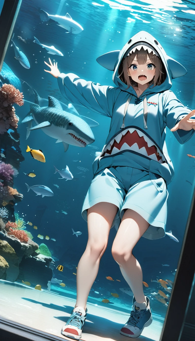 Highest quality、masterpiece:1.3、Perfect Anatomy、One Girl、Shark-chan、かわいいShark-chan、Shark-themed hoodie、Shark teeth on the hood、Wearing a hood、Light Blue Hoodie、Girl with open mouth、Sharp teeth、Shark themed hoodie、Light blue culottes、Random pose、break、aquarium、Large aquarium、美ら海aquarium、Highly detailed whale shark、A whale shark swimming gracefully in the tank、暗いaquarium、Low light、