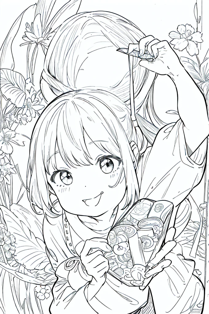 The work is by a master、Best Quality、cute、Line drawing of a person sticking out their tongue、Monochrome、