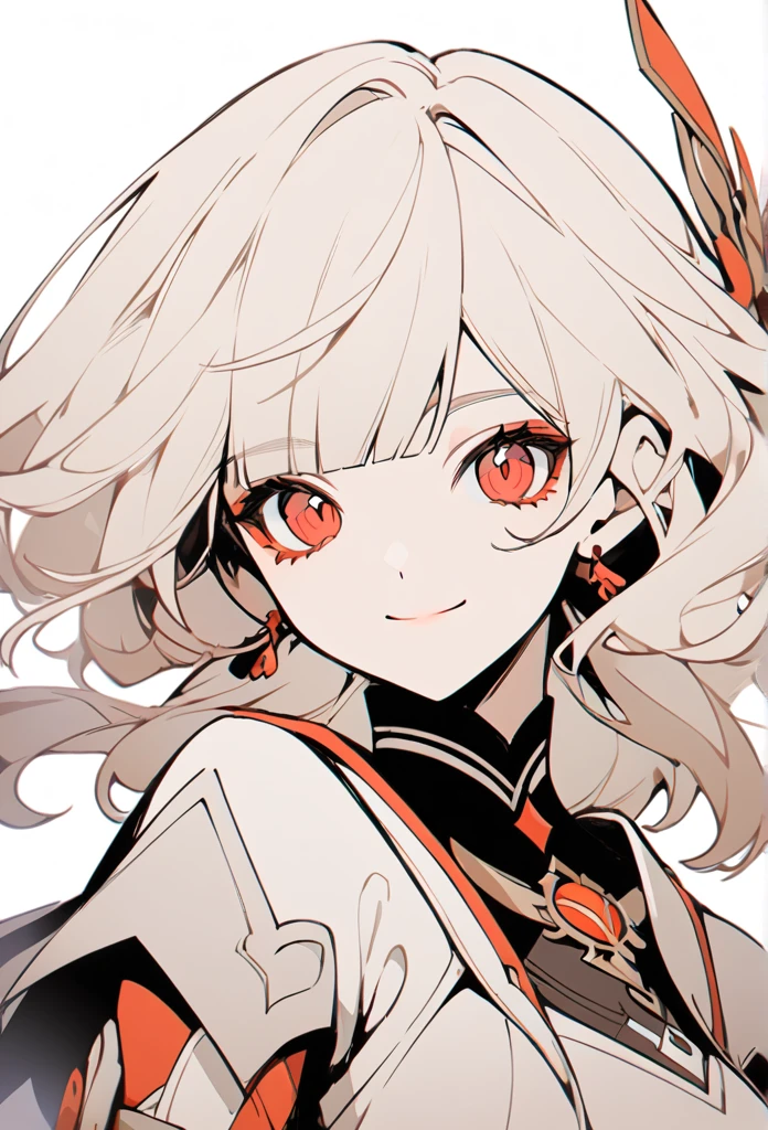 flat color, 1girl, solo, white hair, red eyes, white background, , looking at viewer, smile, blunt bangs, looking at viewer, closed mouth, genshin impact clothes, large breast, genshin impact,