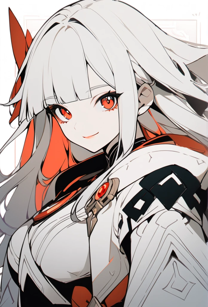 flat color, 1girl, solo, white hair, red eyes, white background, , looking at viewer, smile, blunt bangs, looking at viewer, closed mouth, genshin impact clothes, large breast, genshin impact,