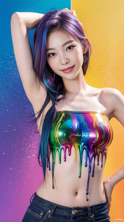 ((Highest quality, 8K, masterpiece:1.31 Girl, beautiful girl)), High resolution, cute, dynamism, Detailed face, Detailed skin, fine grain, Detailed lips, Realistic, RAW Photos, Natural light, Perfect Anatomy, Dynamic pose, Toned Legs, double eyelid, Tear bags, Round eyes, Moist lips, (Colorful body, Colorful liquid on naked body:1.2), Colorful Hair, Rainbow Hair, Colorful background, Japanese Girls, Cowboy Shot, Sweaty, smile, Liquid Art, Half closed eyes, Upper Body, SFW