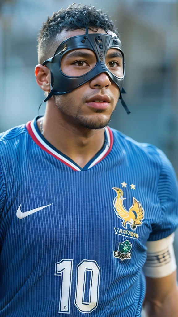 Alafid (Arafed) Football player with mask on his face, Martial Arts, Inspired by Jules Tavernier, Ronaldo Nazario, mohamed chahin style, tumblr, France人的面部特征, France, mohamed chahin, Memes, Ronaldo Nazario fenomeno, Muhammad fades away, maximus jacobs, Neymar in GTA V, Raphael, He wears an eyepatch, baby, a skin