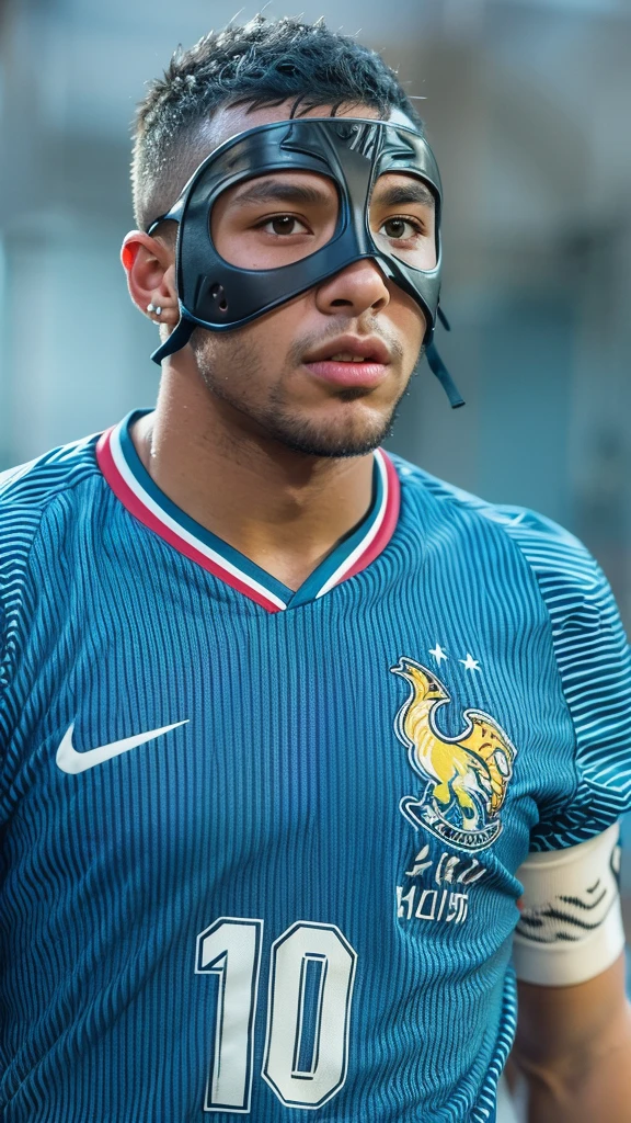 Alafid (Arafed) Football player with mask on his face, Martial Arts, Inspired by Jules Tavernier, Ronaldo Nazario, mohamed chahin style, tumblr, France人的面部特征, France, mohamed chahin, Memes, Ronaldo Nazario fenomeno, Muhammad fades away, maximus jacobs, Neymar in GTA V, Raphael, He wears an eyepatch, baby, a skin