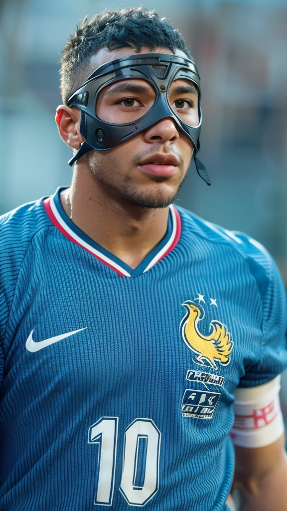 Alafid (Arafed) Football player with mask on his face, Martial Arts, Inspired by Jules Tavernier, Ronaldo Nazario, mohamed chahin style, tumblr, France人的面部特征, France, mohamed chahin, Memes, Ronaldo Nazario fenomeno, Muhammad fades away, maximus jacobs, Neymar in GTA V, Raphael, He wears an eyepatch, baby, a skin