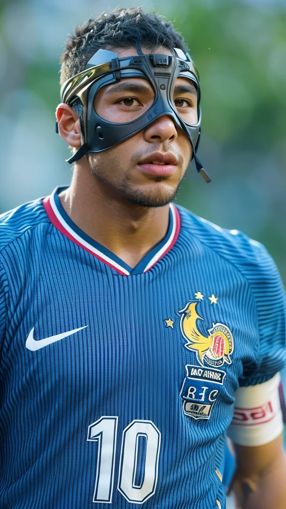 Alafid (Arafed) Football player with mask on his face, Martial Arts, Inspired by Jules Tavernier, Ronaldo Nazario, mohamed chahin style, tumblr, France人的面部特征, France, mohamed chahin, Memes, Ronaldo Nazario fenomeno, Muhammad fades away, maximus jacobs, Neymar in GTA V, Raphael, He wears an eyepatch, baby, a skin